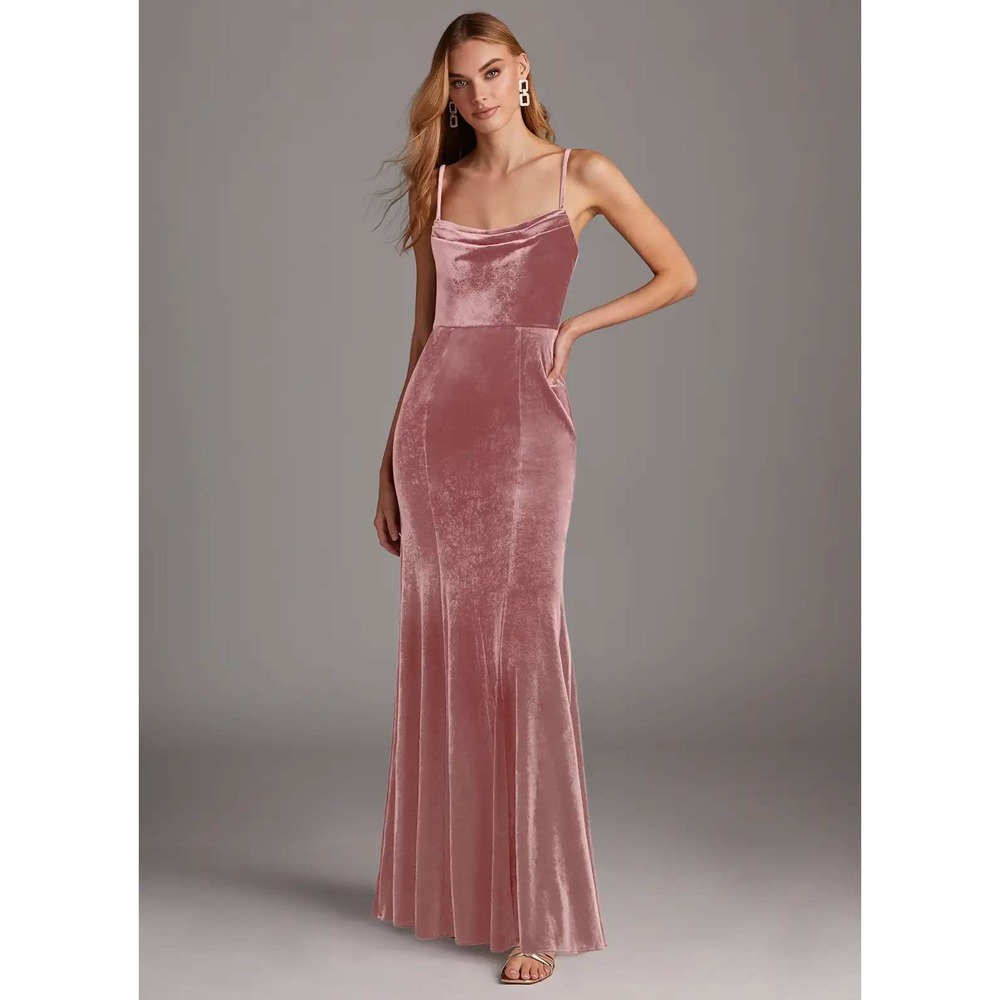 Azazie Solange Velvet Dress Size A6 Dusty Rose Pink Cowl Neck Maxi Bridesmaid
